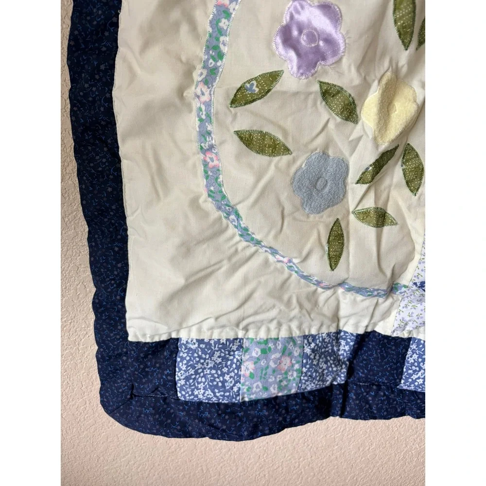 Patchwork Baby Quilt Floral Applique‎ Blue White Cottagecore Standard Sham